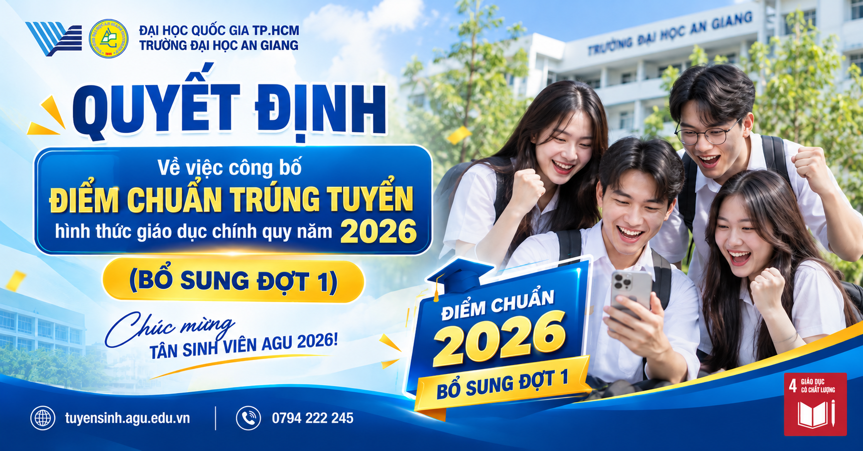 Quyết định về việc công bố điểm chuẩn trúng tuyển hình thức giáo dục chính quy năm 2026 (bổ sung đợt 1)